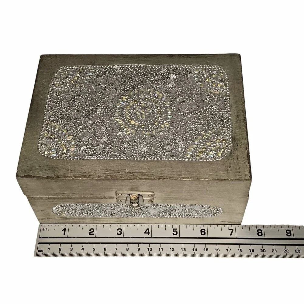 Sparkly Jewlery Box Silver With Sequins & Rhinestones Lightweight Wood 7 x 5 x 3